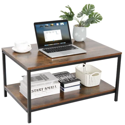 2-Tier Small Coffee Table Rectangle Wood Side End Table w/ Storage Rustic Brown