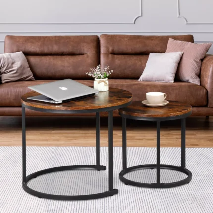 Set of 2 Nesting Coffee Table Round End Side Table for Small Spaces Rustic Brown