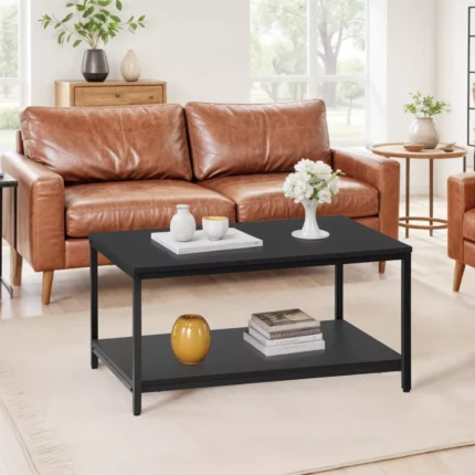 2-Tier Small Coffee Table Rectangle Wood Side End Table w/ Storage Rustic Black